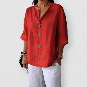 Linen/Cotton Blend V-Neck Button Up Blouse